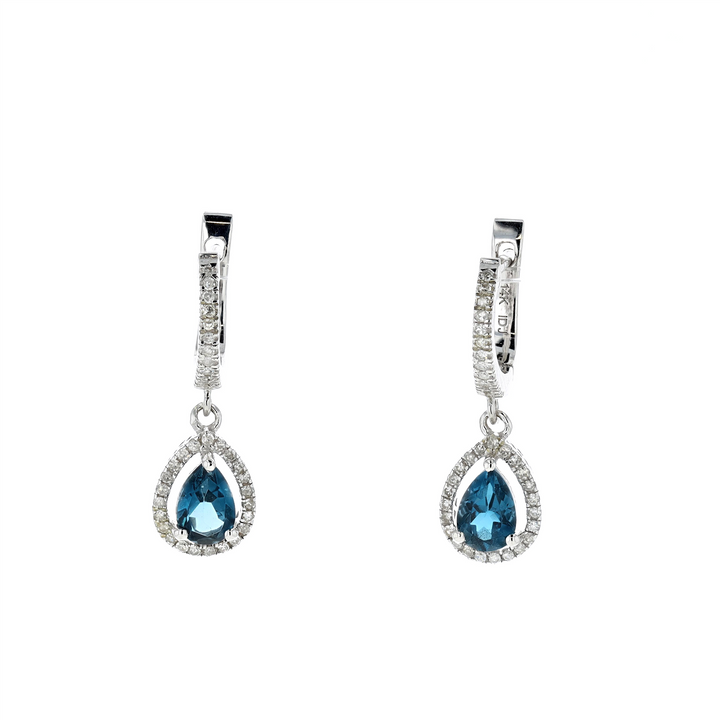 14KT White Gold Natural Blue Topaz and 0.18ctw Diamond Estate Drop Earrings