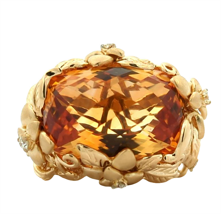 18KT Yellow Gold Natural Citrine and 0.30ctw Diamond Fancy Floral Estate Ring