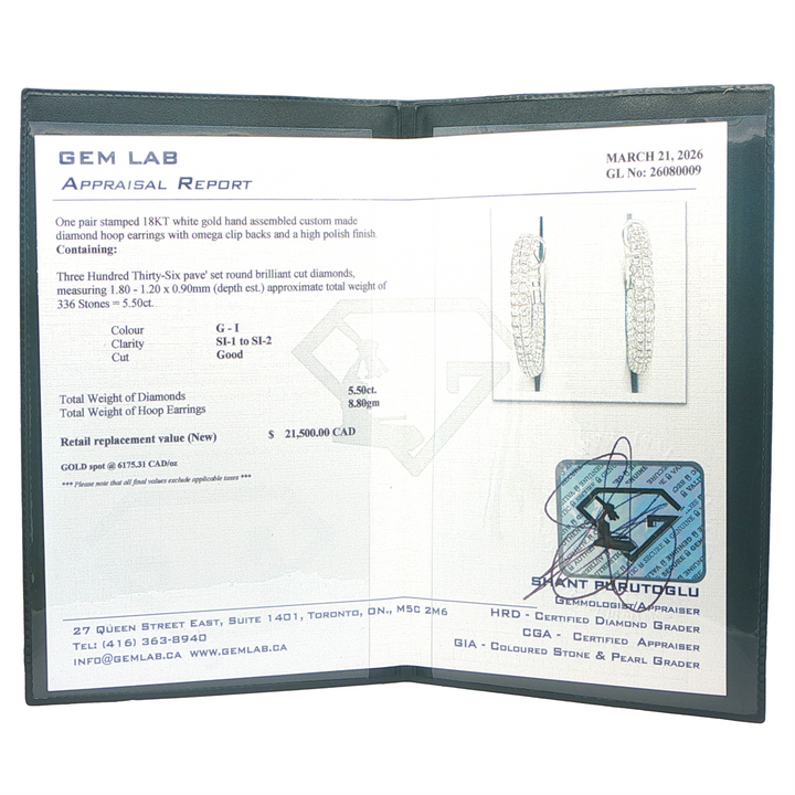 18KT White Gold 5.50ctw Diamond Hoop Estate Earrings