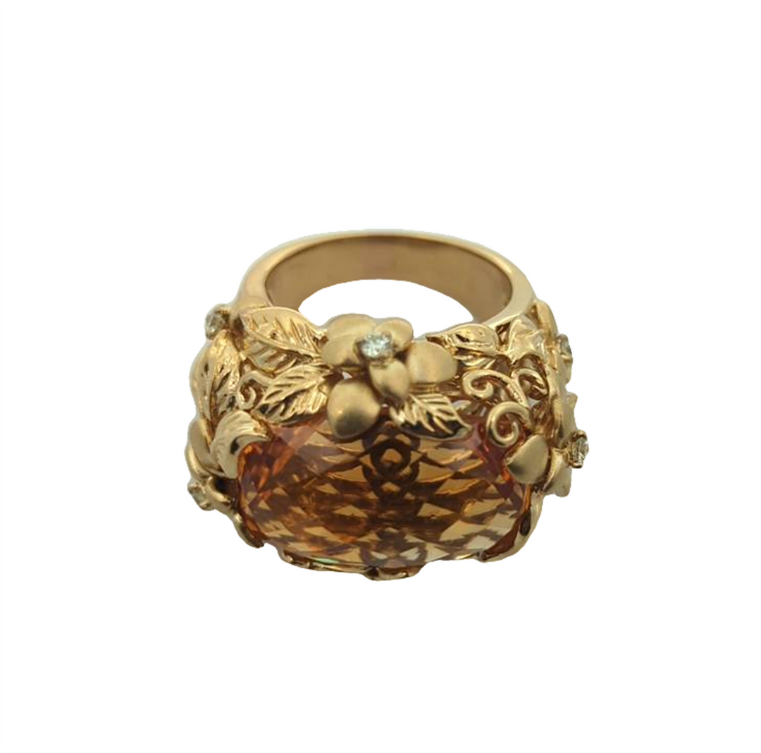 18KT Yellow Gold Natural Citrine and 0.30ctw Diamond Fancy Floral Estate Ring