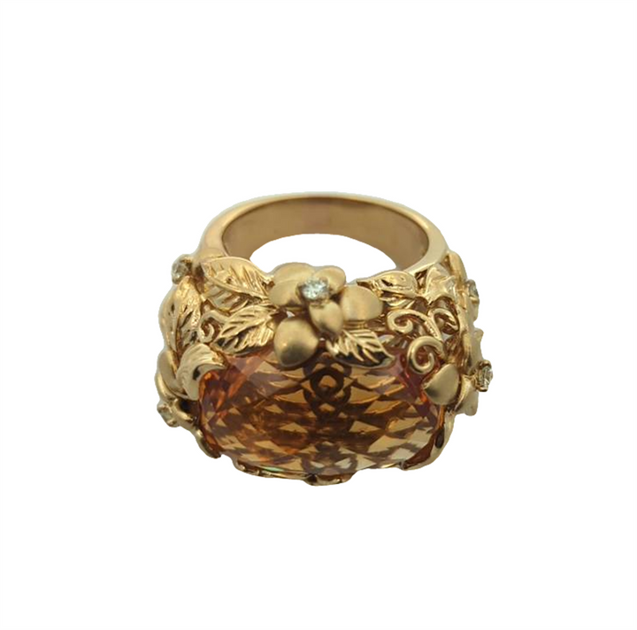18KT Yellow Gold Natural Citrine and 0.30ctw Diamond Fancy Floral Estate Ring