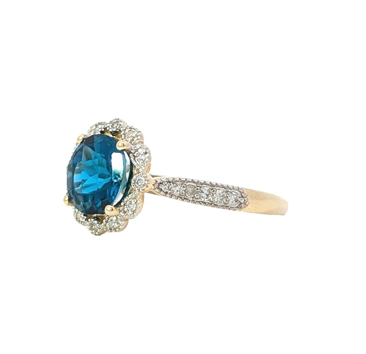 14KT Yellow Gold London Blue Topaz and Diamond Ring