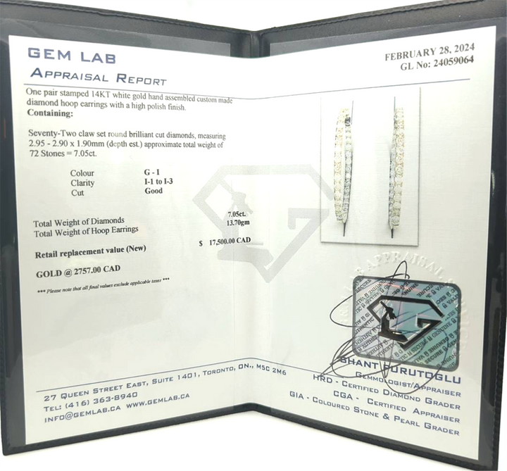 14KT White Gold 7.05ctw Diamond Estate Hoop Earrings