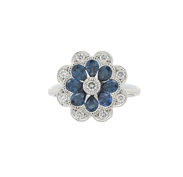18KT White Gold Sapphire and 0.28ctw Diamond Estate Flower Ring