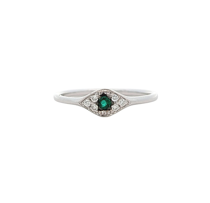 14K White Gold Emerald 0.06ctw Diamond Evil Eye Ring