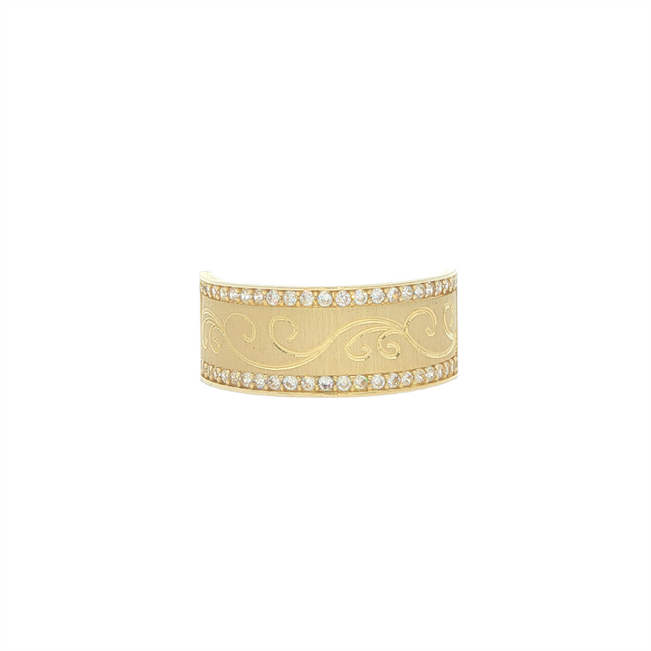 10KT Yellow Gold CZ Engraved Running Scroll Design Ring