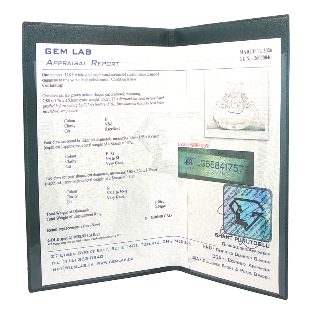 14KT White Gold 1.70ctw Radiant Rectangular Cut Lab Grown Diamond Engagement Ring