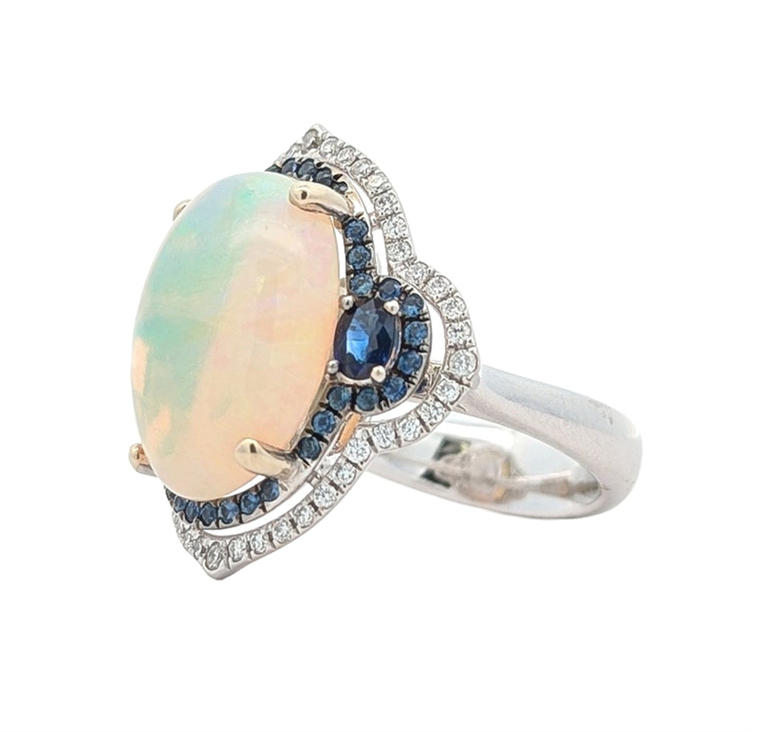 14KT White Gold Natural Blue Sapphire, Opal and 0.20ctw Diamond Estate Ring