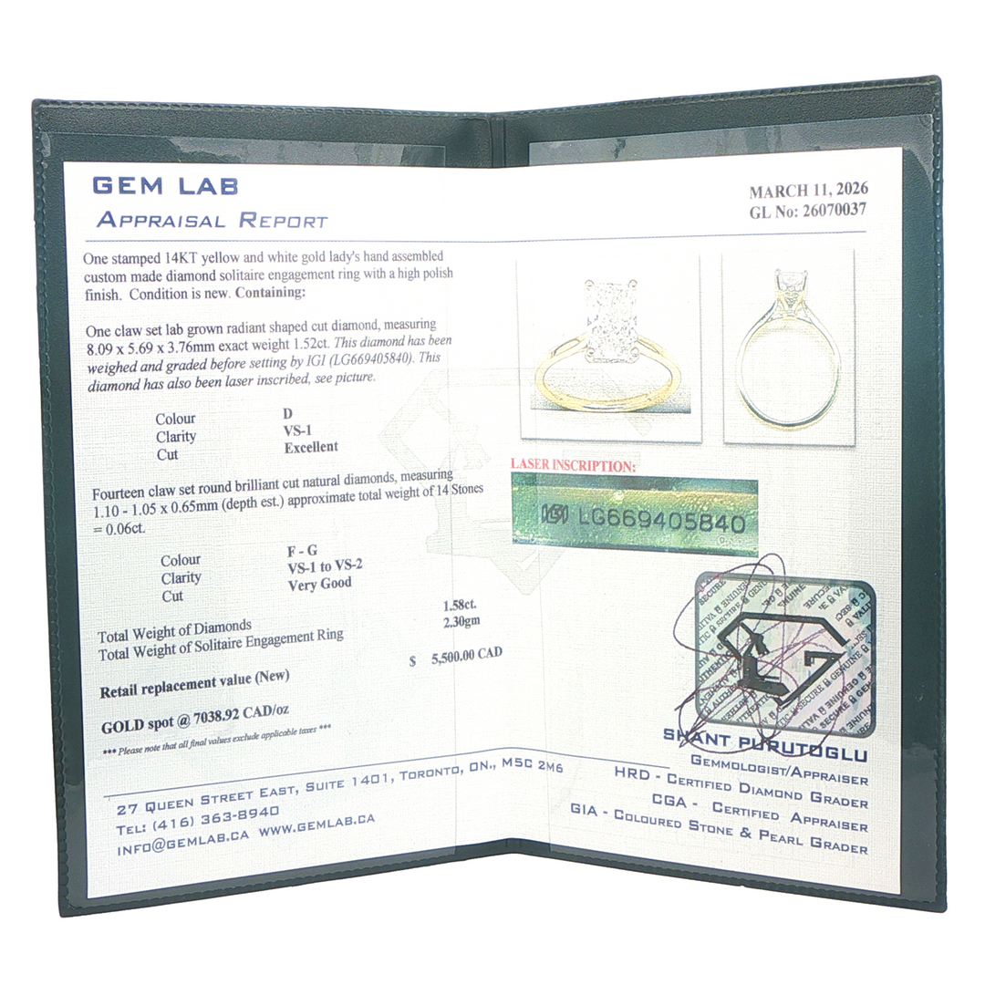 14KT Yellow and White Gold 1.58cts Radiant Rectangular Cut Lab Grown Diamond Solitaire Engagement Ring