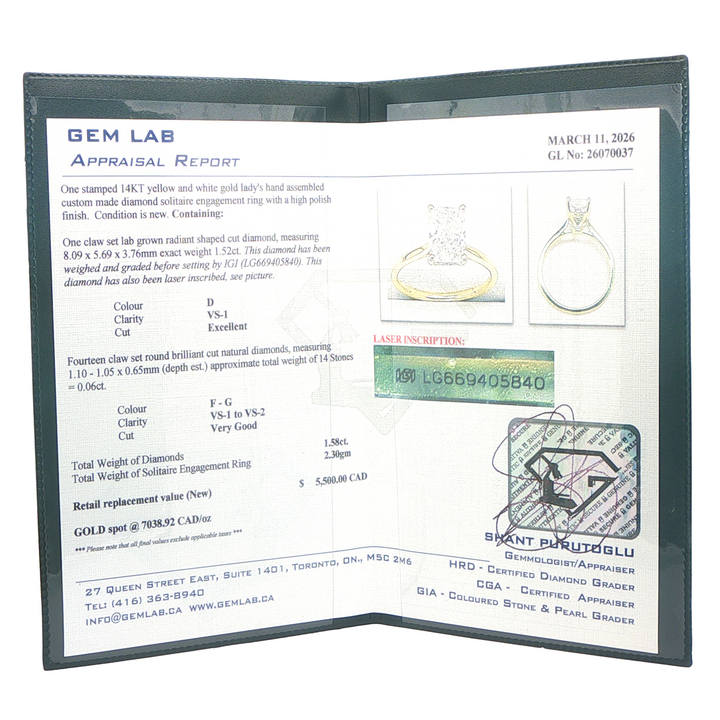 14KT Yellow and White Gold 1.58cts Radiant Rectangular Cut Lab Grown Diamond Solitaire Engagement Ring