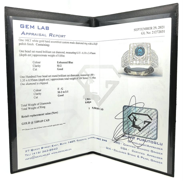 14KT White Gold 1.90ctw Blue and White Diamond Estate Ring