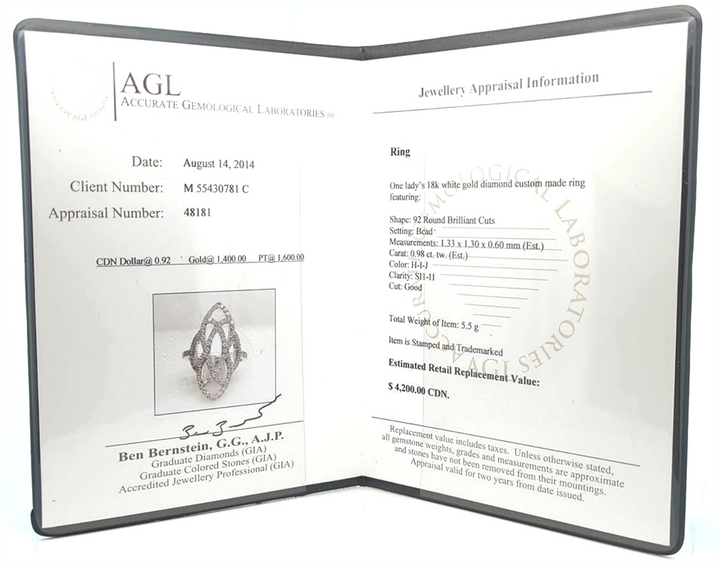 18KT White Gold 0.98ctw Diamond Custom Made Ring