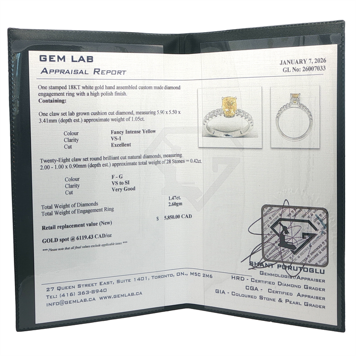 18KT White Gold 1.47ctw Intense Yellow Cushion Cut Lab Grown Diamond Engagement Ring