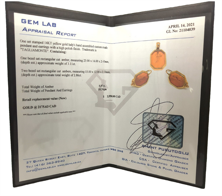 14KT Yellow Gold Amber Pendant and Earrings Estate Set