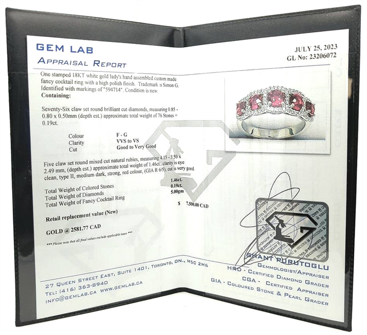 18KT White Gold Natural Ruby and 0.19ctw Diamond "Simon G" Estate Ring