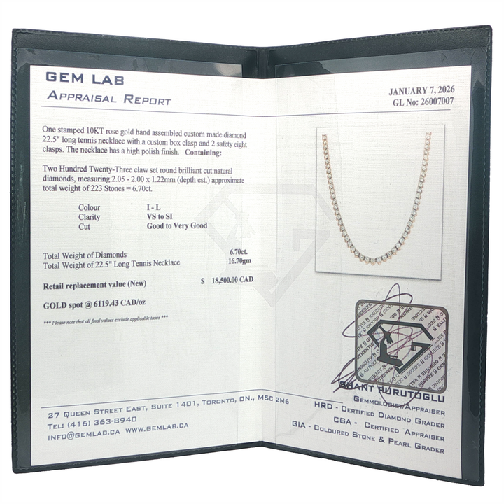 10KT Rose Gold 22.5in 6.70ct Diamond Tennis Necklace