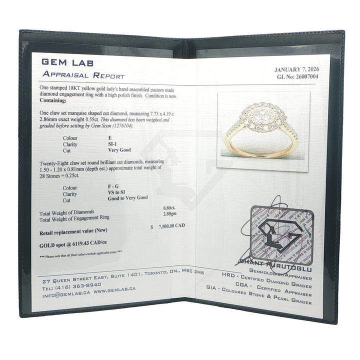 18KT Yellow gold 0.80ctw Marquise Cut Diamond Engagement Ring