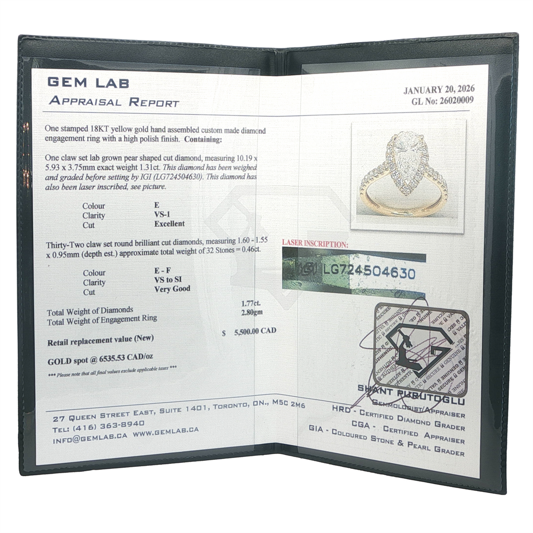 18KT Yellow Gold 1.77ctw Pear Shape Lab Grown Diamond Engagement Ring