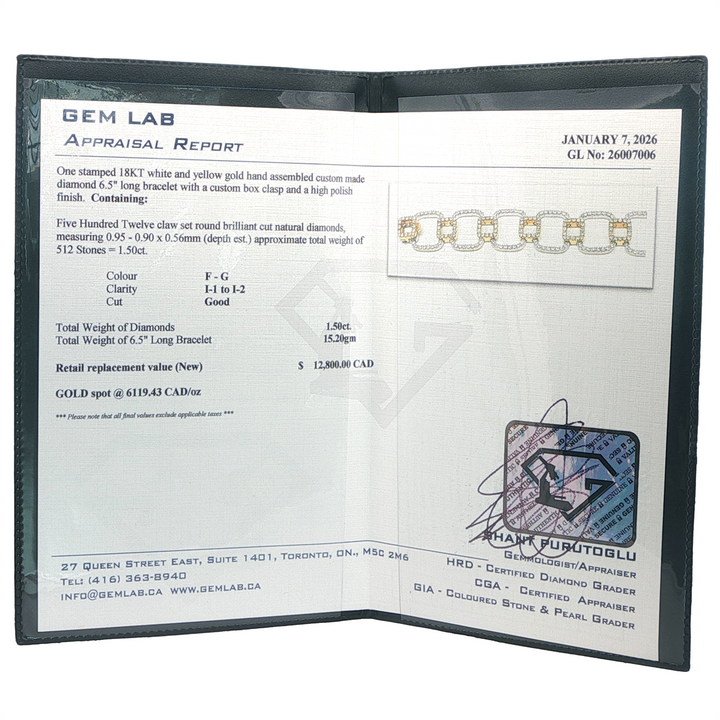 18KT White and Yellow Gold 6.5in 1.50ct. Diamond Bracelet