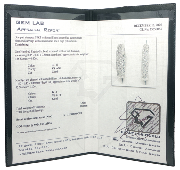 18K White Gold 1.50ctw Diamond Estate 20mm Hoop Earrings