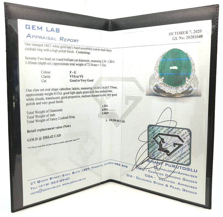 18KT White Gold Jadeite and 1.32ctw Diamond Fancy Estate Cocktail Ring