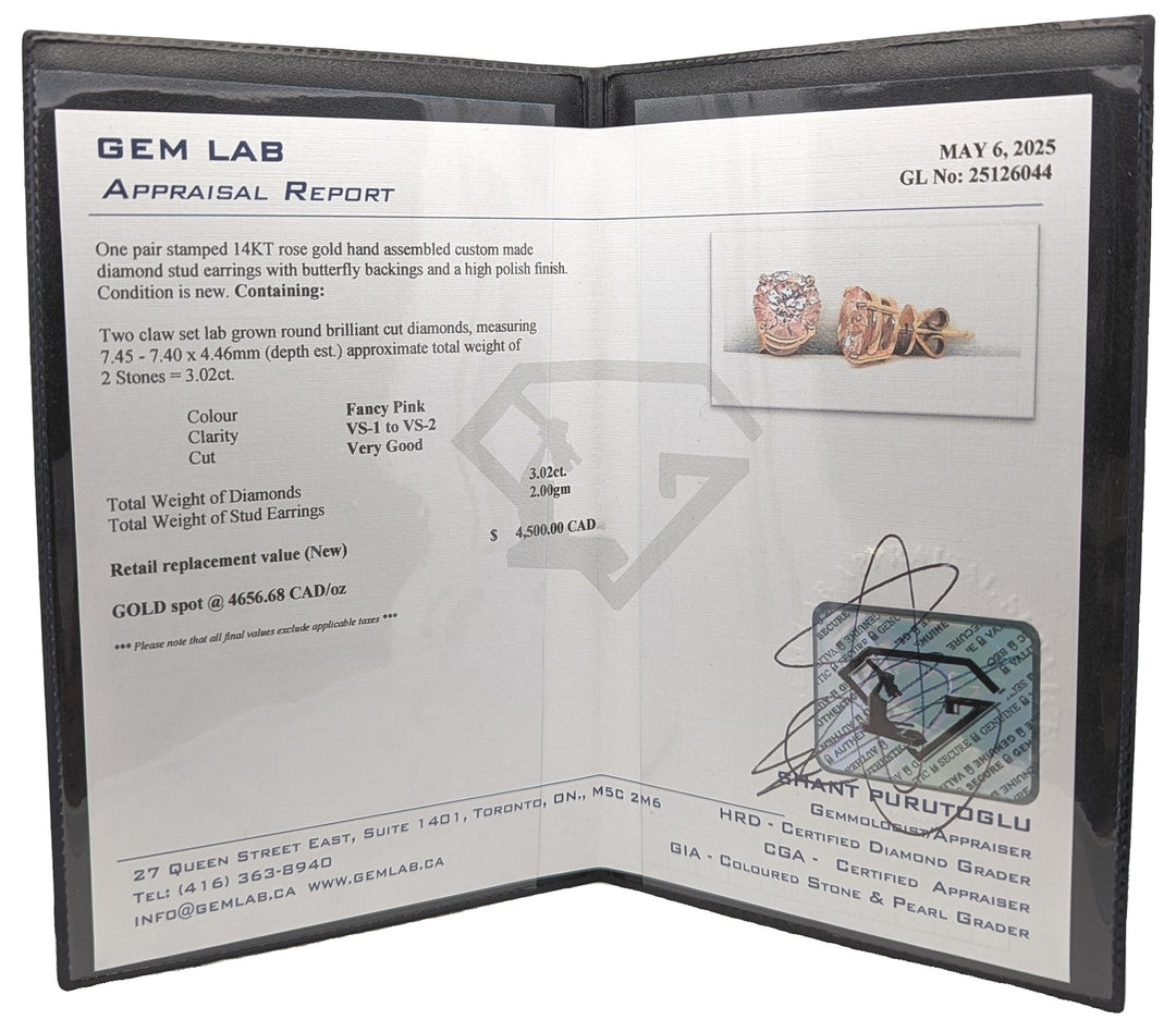 14KT Rose Gold 3.02ctw Lab Grown Pink Diamond Stud Earrings