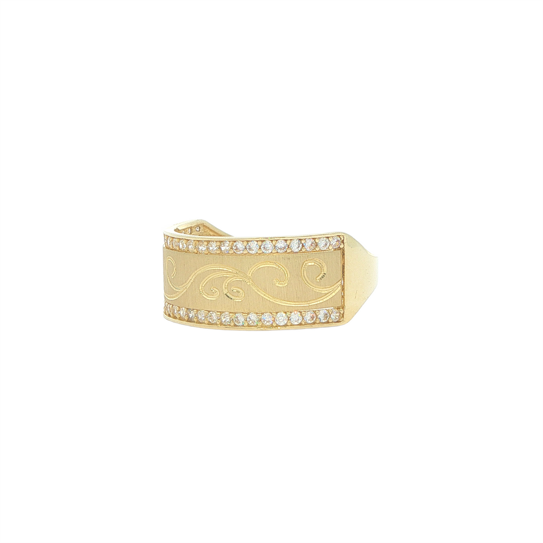 10KT Yellow Gold CZ Engraved Running Scroll Design Ring
