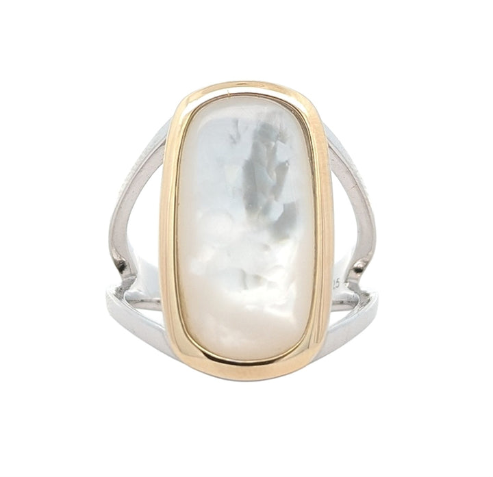 Sterling Silver ELLE "Allure" Rhodium and Yellow Gold Plated Elongated Mother of Pearl Cushion Cut Ring