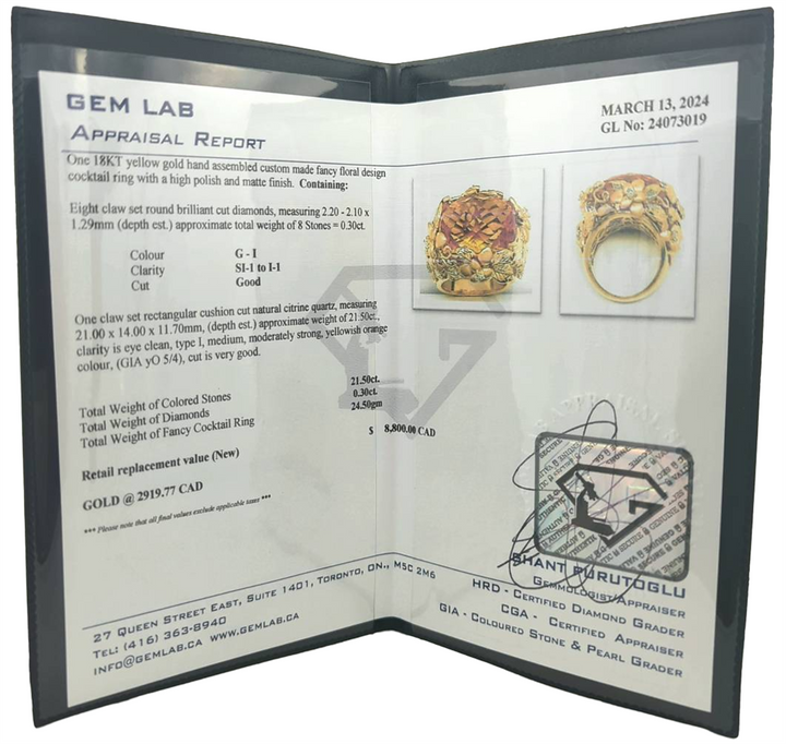 18KT Yellow Gold Natural Citrine and 0.30ctw Diamond Fancy Floral Estate Ring