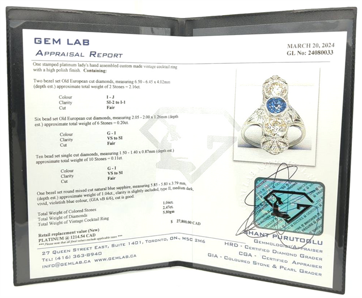 Platinum Natural Blue Sapphire and 2.47ctw Diamond Vintage Estate Cocktail Ring