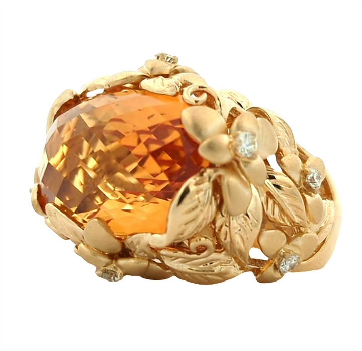 18KT Yellow Gold Natural Citrine and 0.30ctw Diamond Fancy Floral Estate Ring