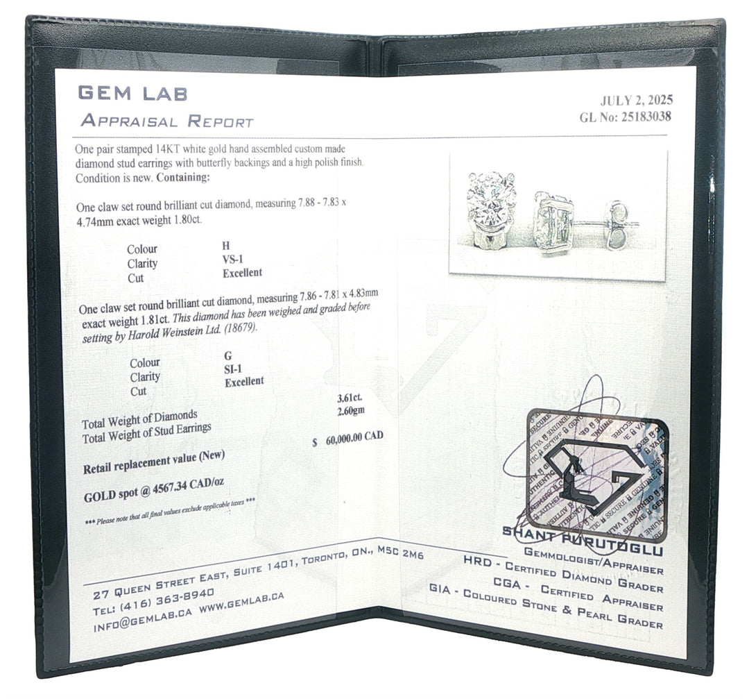 14KT White Gold 3.61ctw Diamond Stud Estate Earrings