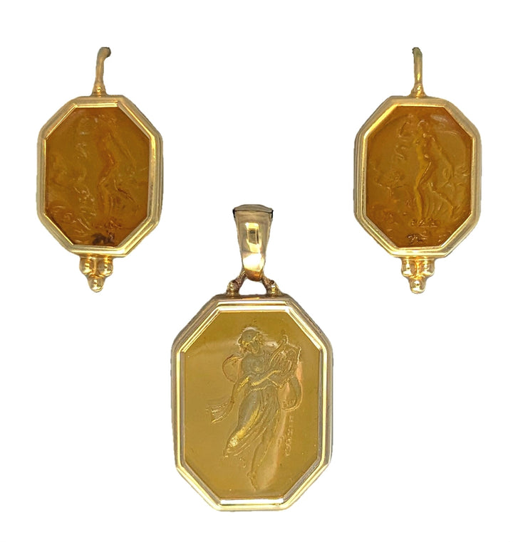 14KT Yellow Gold Amber Pendant and Earrings Estate Set