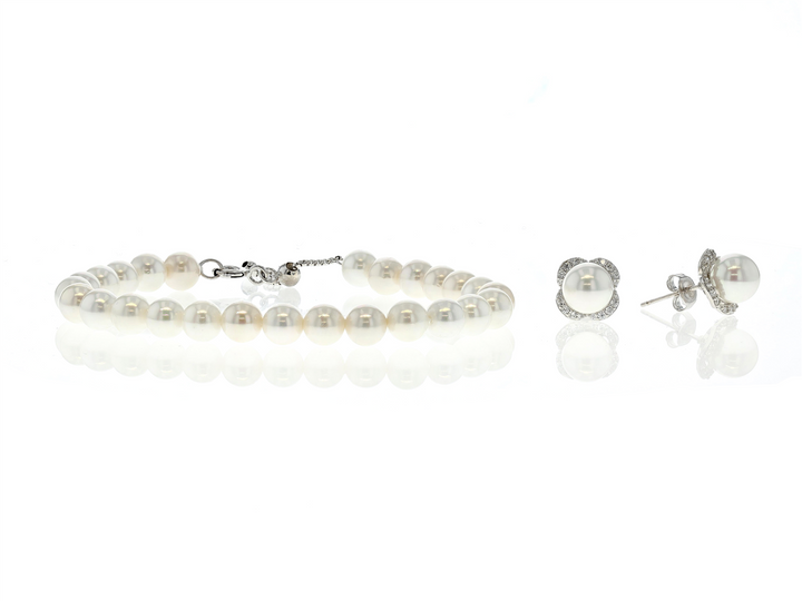 REIGN Sterling Silver Pearl Bracelet and Pearl and CZ Earring Set