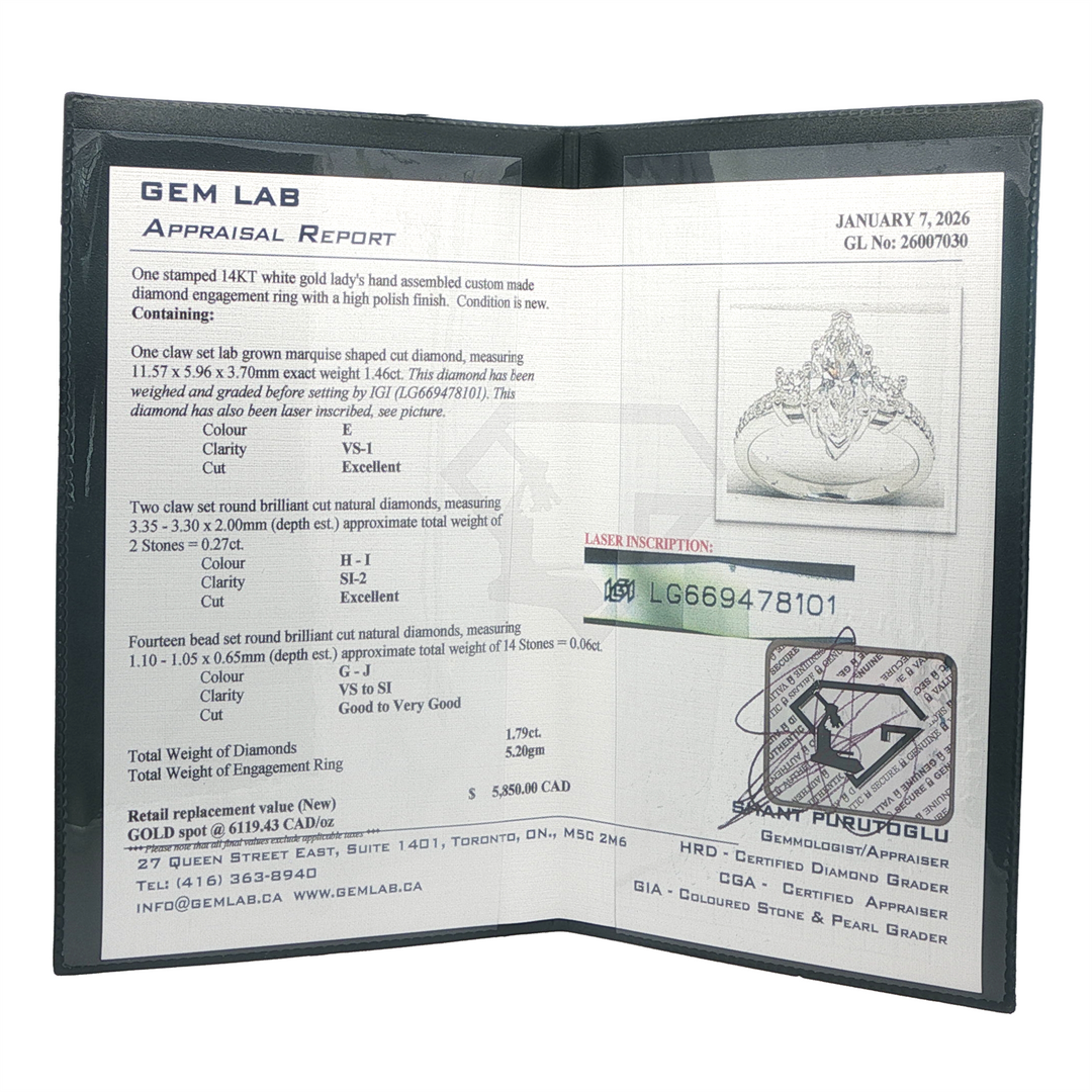 14KT White Gold 1.79ctw Marquise Lab Grown Diamond Engagement Ring