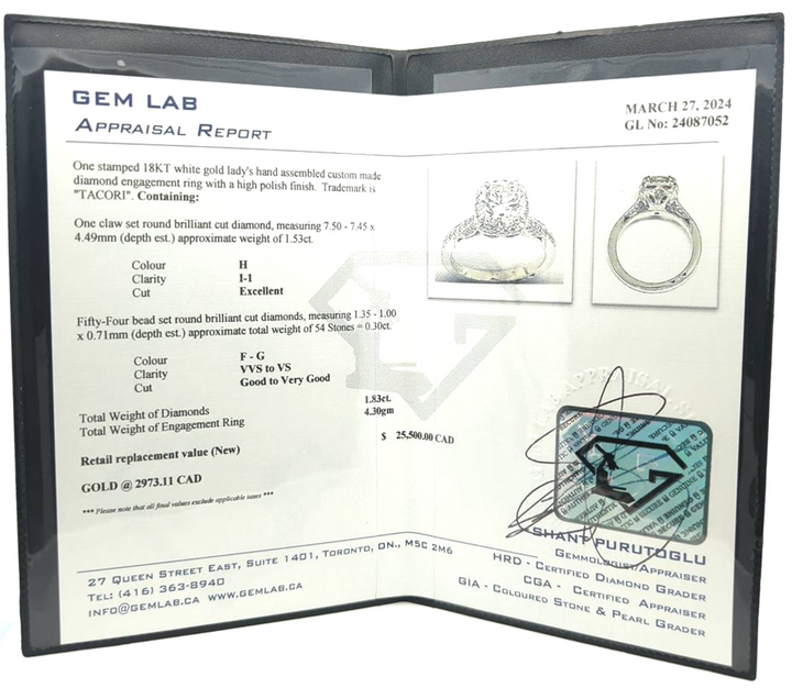 18KT White Gold 1.83ct "Tacori" Estate Engagement Ring and Matching Band