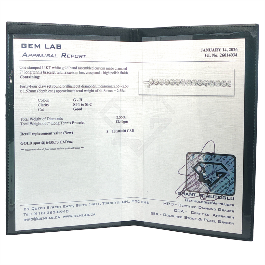 14KT White Gold 2.55ct 7in Tennis Bracelet
