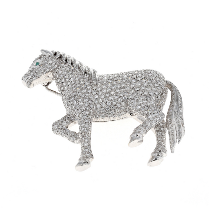 18KT White Gold Natural Emerald and 6.50ctw Diamond Estate Horse Brooch